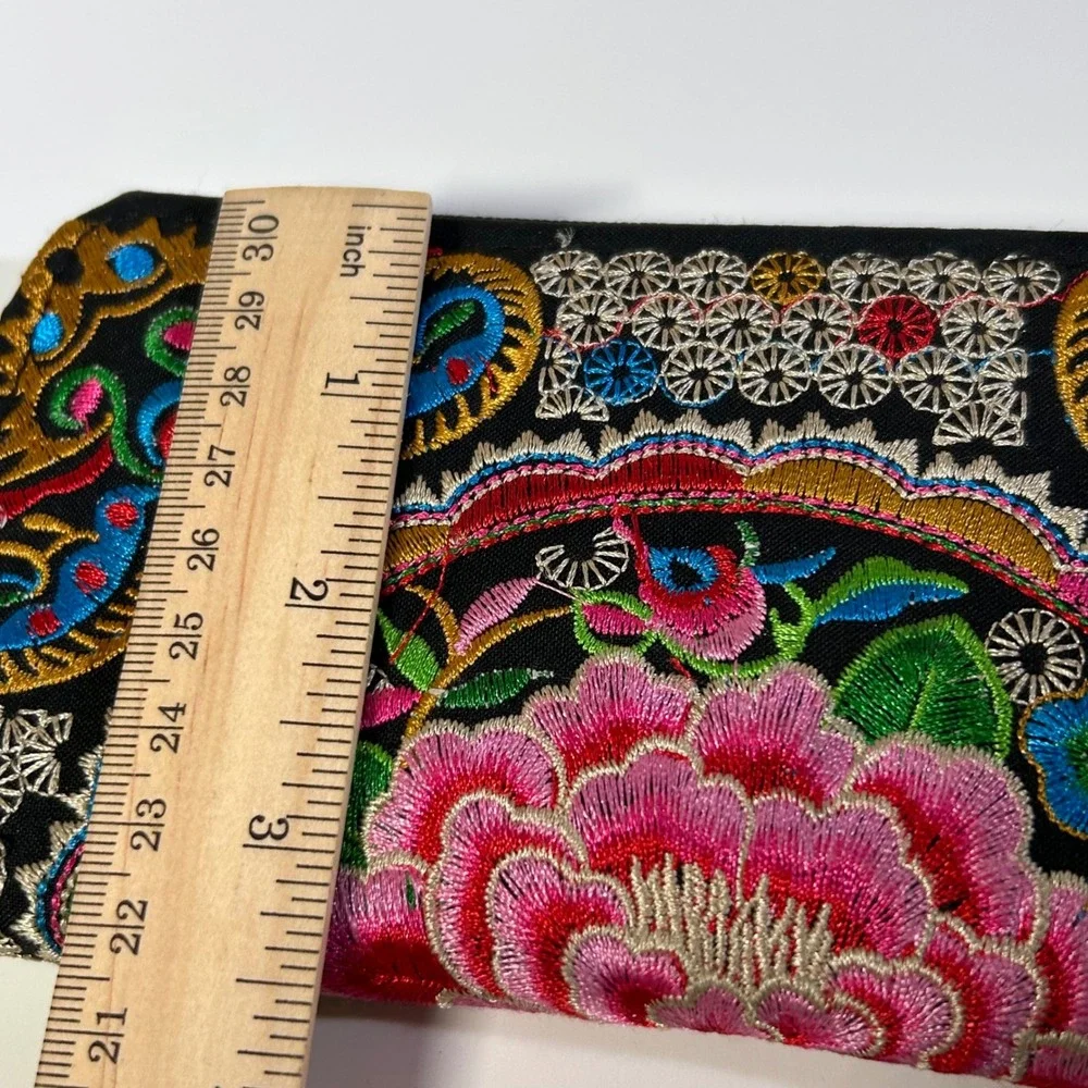 Floral Embroidered Wallet Black Zip‎ Around Organizer Women's Flower Boho Peony